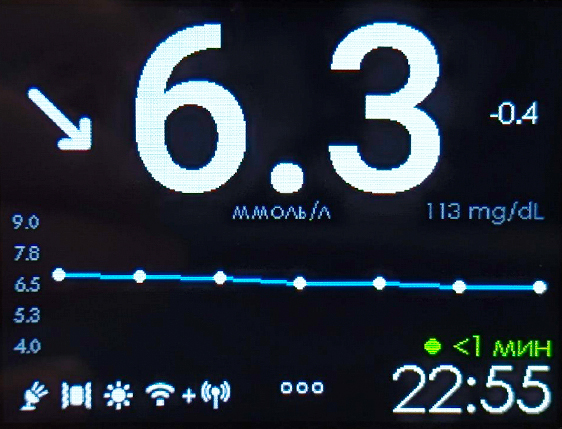 Главный экран DiaLight с показателями глюкозы